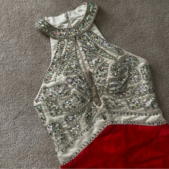 Champagne Silver and Red Embellished High Slit Halter Train Dress - Picture 7 of 7